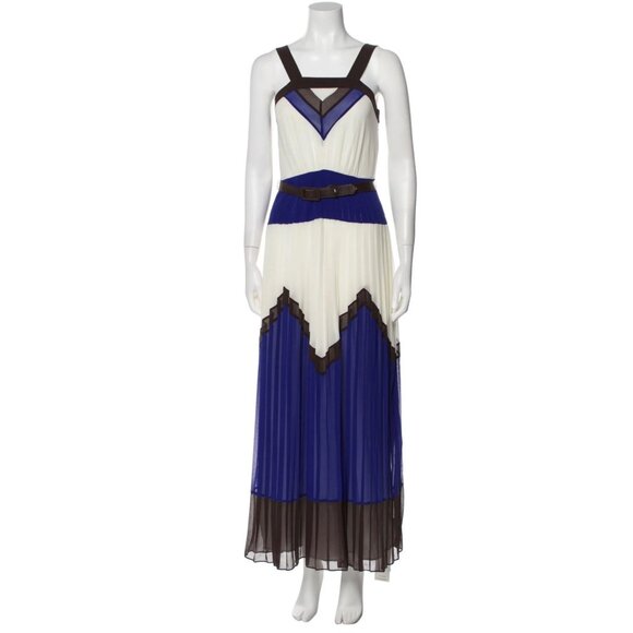 Milly Pleated Maxi Dress. Size 8. Blue/White Color Block Belted - Picture 2 of 16